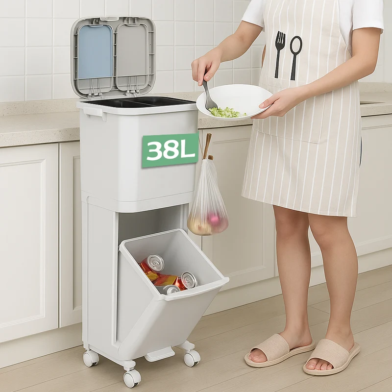 Pattumiera da Cucina Doppio Bidone 38 L Secchio con Separazione Rifiuti e Ruote
