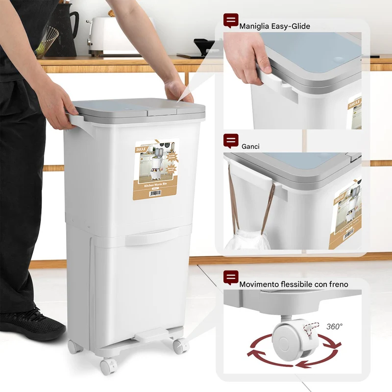 Pattumiera da Cucina Doppio Bidone 38 L Secchio con Separazione Rifiuti e Ruote