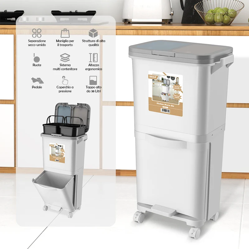 Pattumiera da Cucina Doppio Bidone 38 L Secchio con Separazione Rifiuti e Ruote