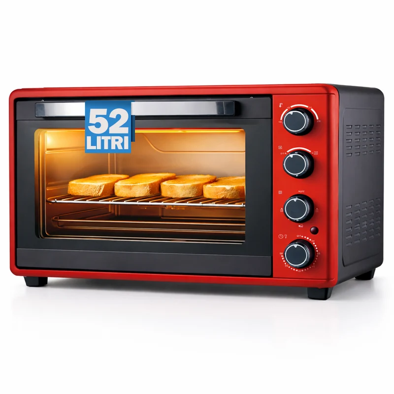 Forno Elettrico Ventilato 52L Rosso 2000W con Teglia e Griglia 4 Livelli Cottura