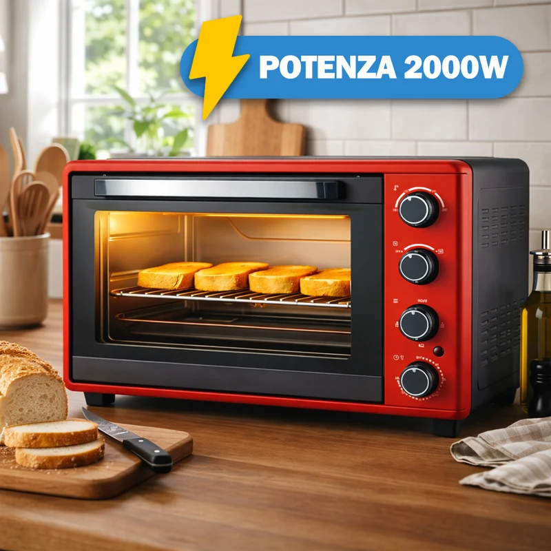 Forno Elettrico Ventilato 52L Rosso 2000W con Teglia e Griglia 4 Livelli Cottura