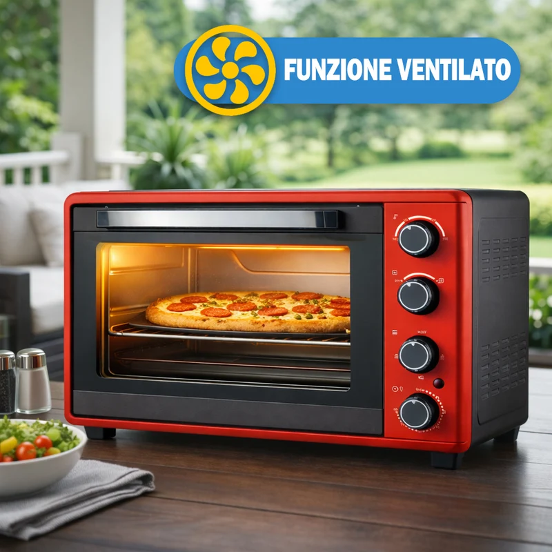 Forno Elettrico Ventilato 52L Rosso 2000W con Teglia e Griglia 4 Livelli Cottura