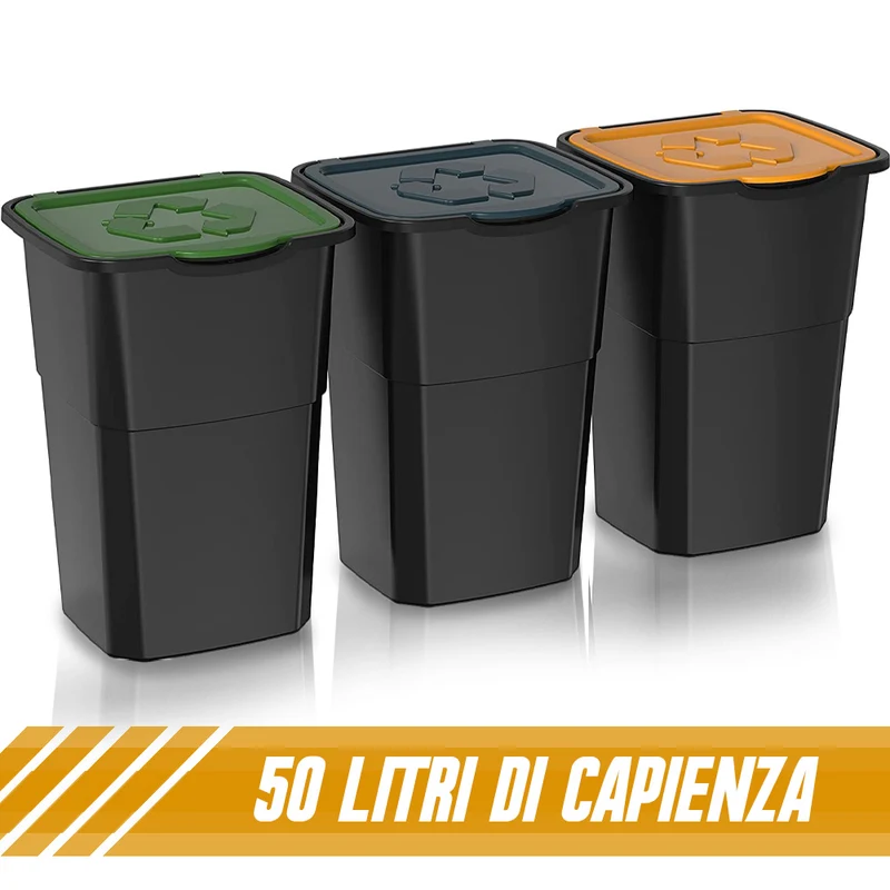Set 3 Pattumiere per Raccolta Differenziata 50 Litri Plastica Dura Multicolore