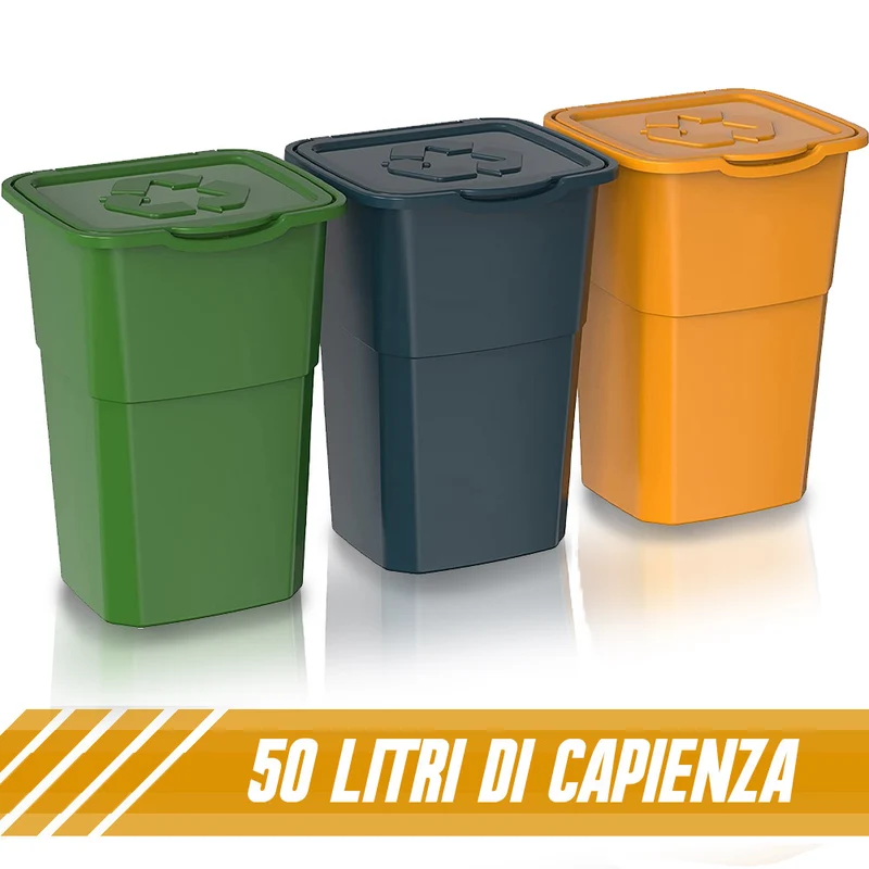Set 3 Pattumiere per Raccolta Differenziata 50 Litri Plastica Dura Tinta Unita