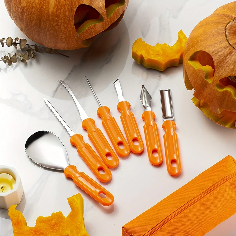 Halloween Stainless Steel Pumpkin Carving Tool Set, 7 Pieces, with Bag