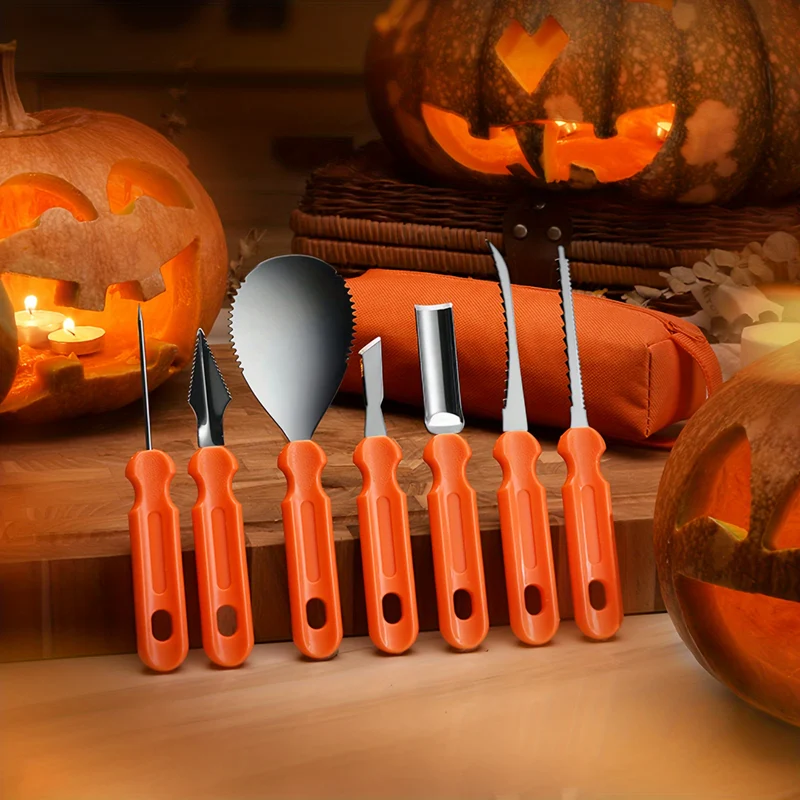 Halloween Stainless Steel Pumpkin Carving Tool Set, 7 Pieces, with Bag