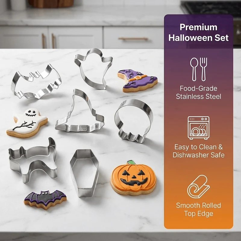 Halloween Steel Cookie and Biscuit Cutters, 7 Shapes: Pumpkin, Skull, Ghost