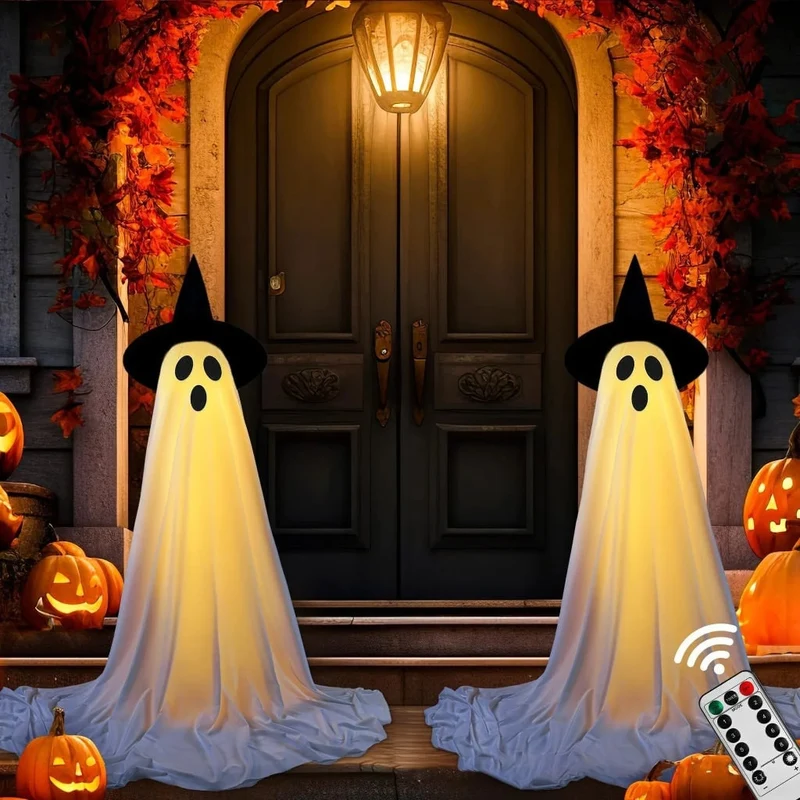 Halloween Ghost House Decoration with LED Lighting and Witch’s Hat