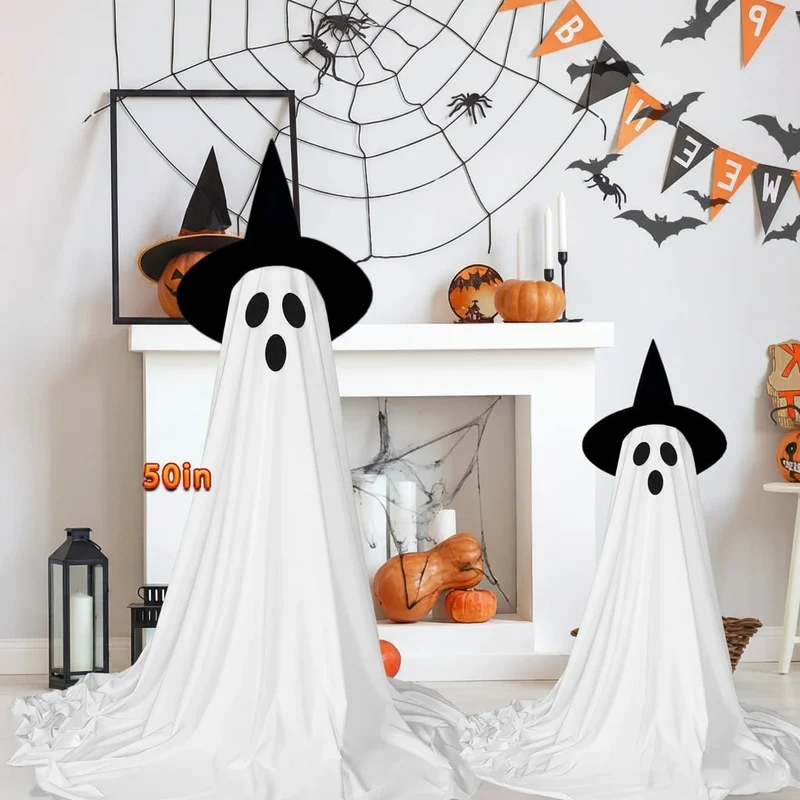 Halloween Ghost House Decoration with LED Lighting and Witch’s Hat