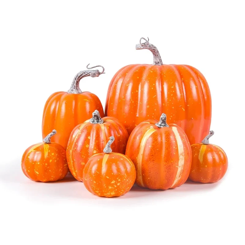 Halloween Decorative Artificial Pumpkins Set of 7 in Various Sizes, Autumn Decorations
