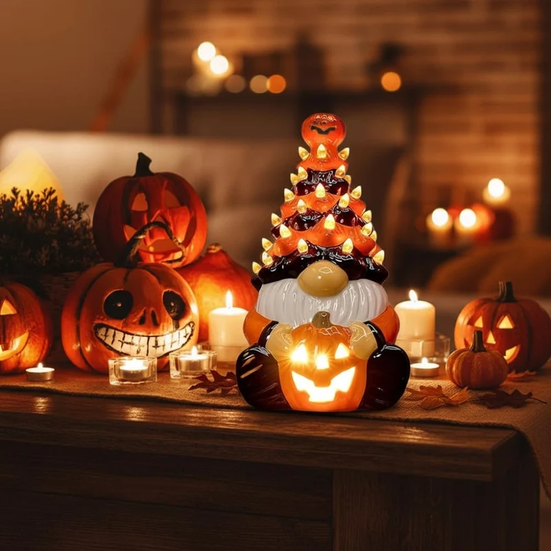 Halloween Ceramic Gnome Figurine with LED Lighting and Jack-o’-lantern