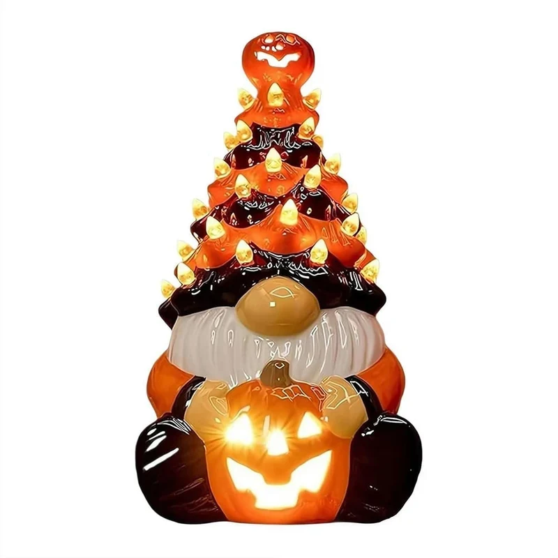 Halloween Ceramic Gnome Figurine with LED Lighting and Jack-o’-lantern