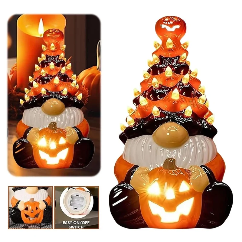Halloween Ceramic Gnome Figurine with LED Lighting and Jack-o’-lantern