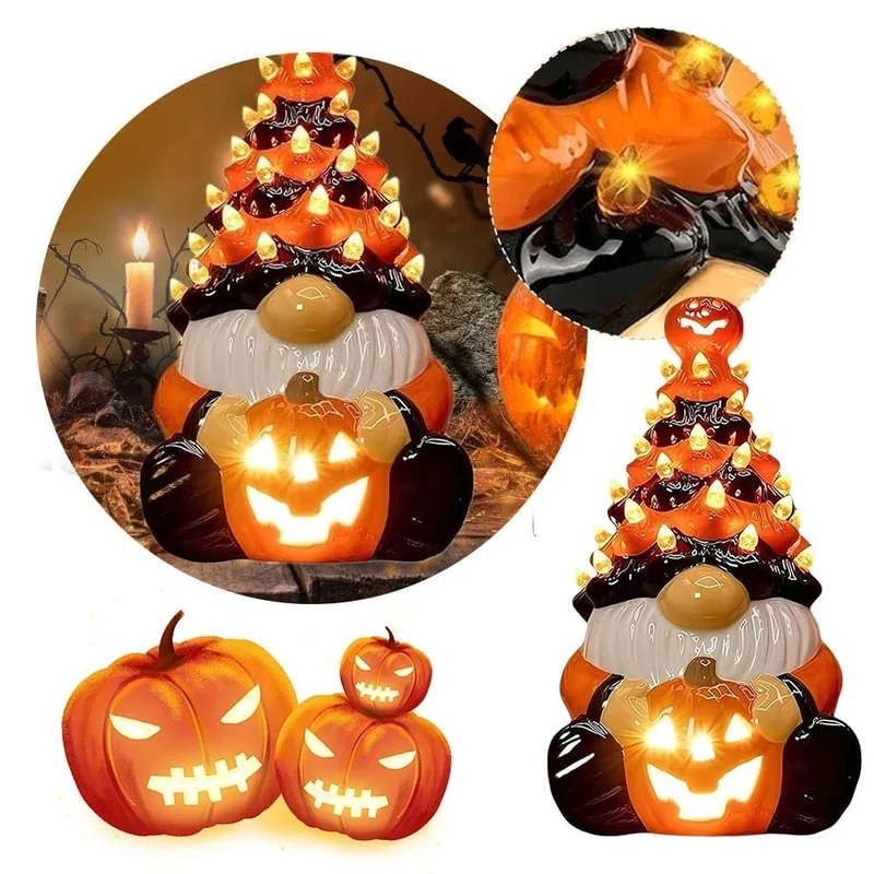 Halloween Ceramic Gnome Figurine with LED Lighting and Jack-o’-lantern