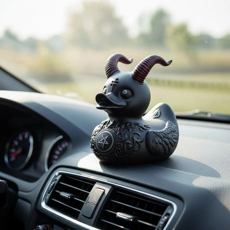 Gothic Halloween Rubber Duck Car Decoration with Black Hair and Studded Collar