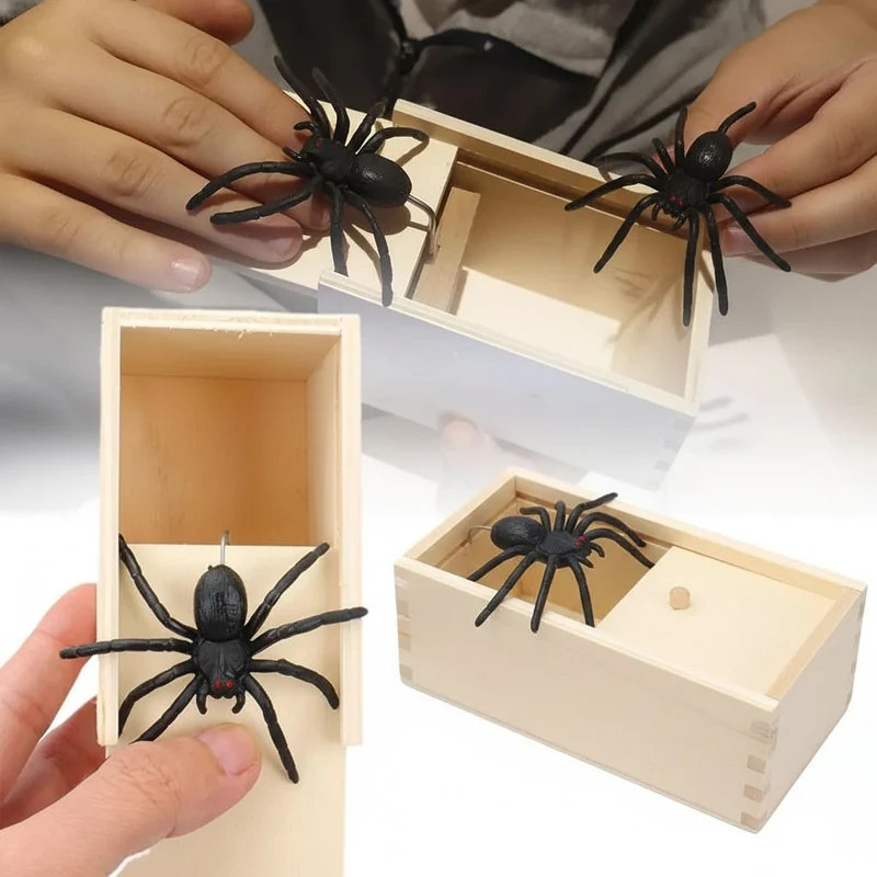 Halloween Wooden Pop-Up Spider Box for Pranks and Decoration, Pop-Up Spider Toy