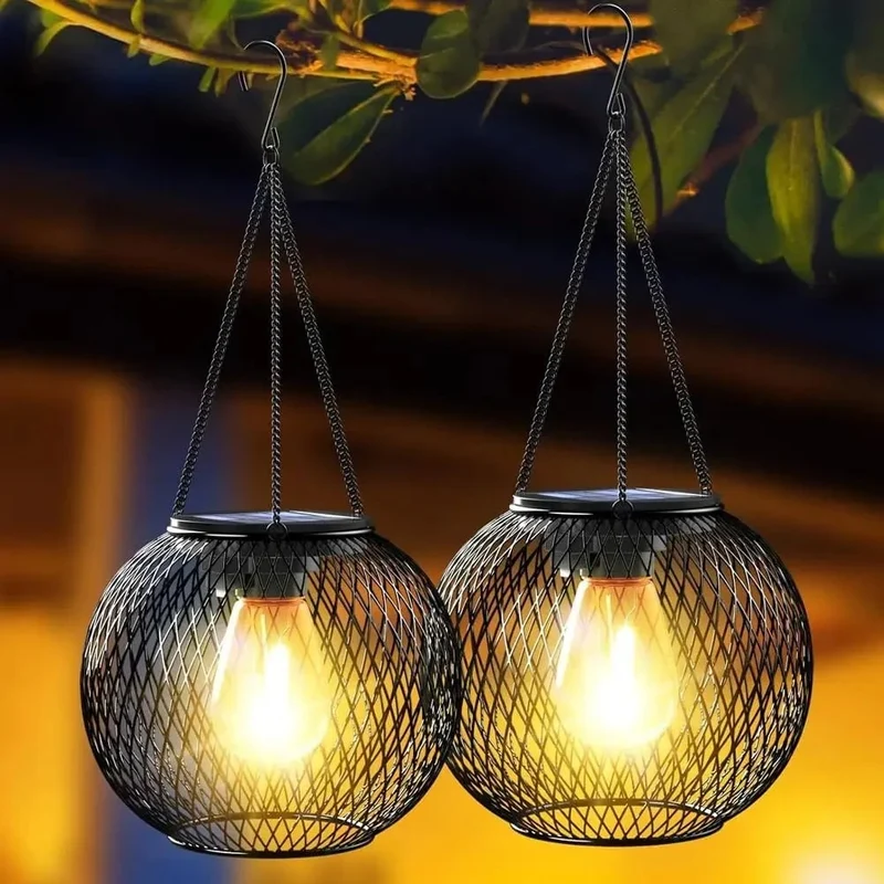 Halloween Solar Hanging Garden Street Lamp with Metal Mesh Shade and Retro LED