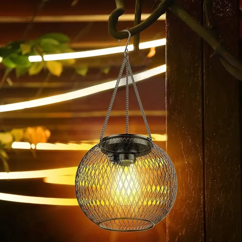Halloween Solar Hanging Garden Street Lamp with Metal Mesh Shade and Retro LED
