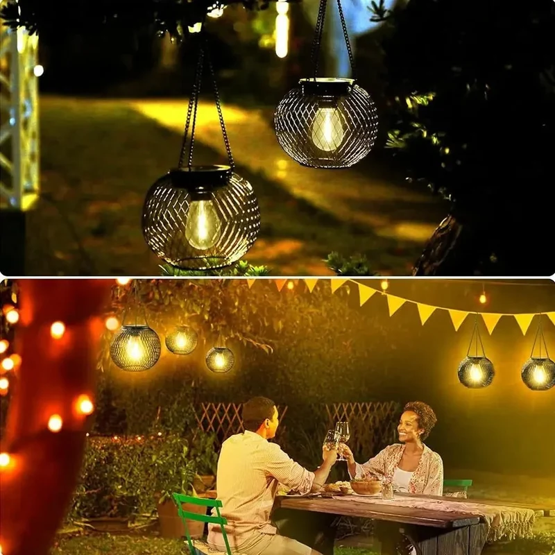Halloween Solar Hanging Garden Street Lamp with Metal Mesh Shade and Retro LED