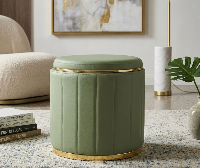 Puff con Contenitore London Verde Ø46,5x44 cm in Pino e MDF e Spugna e Metallo e PU