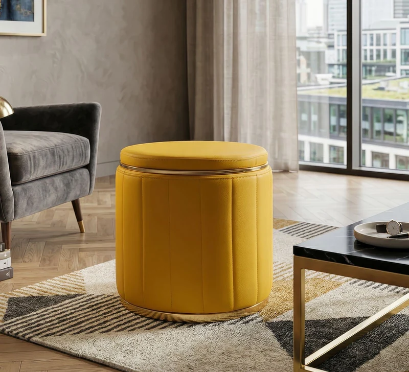 Puff con Contenitore London Senape Ø46,5x44 cm in Pino e MDF e Spugna e Metallo e PU
