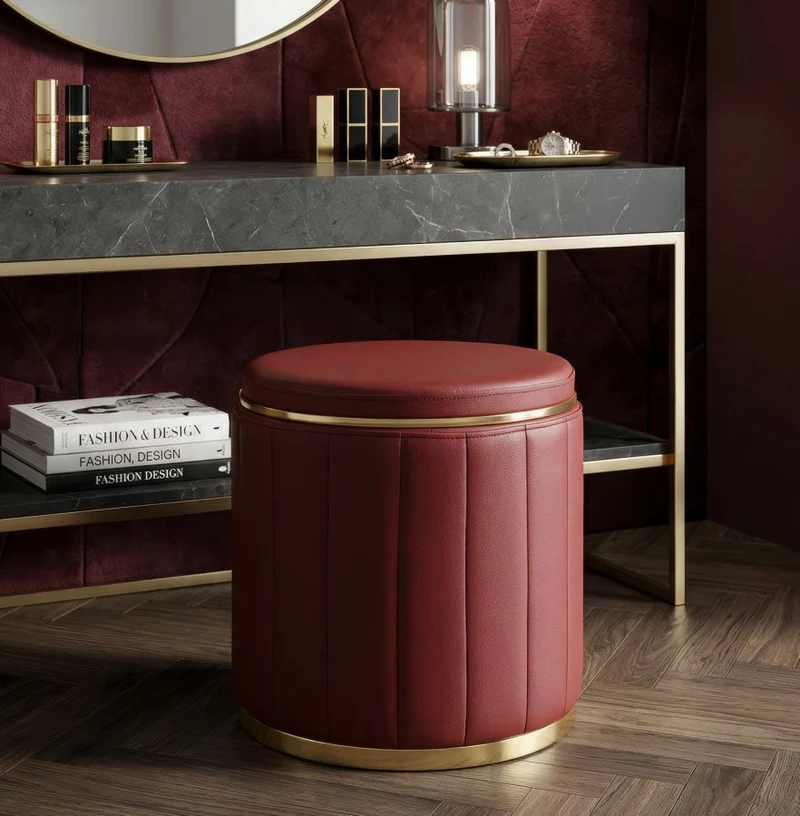 Puff con Contenitore London Rosso Ø46,5x44 cm in Pino e MDF e Spugna e Metallo e PU