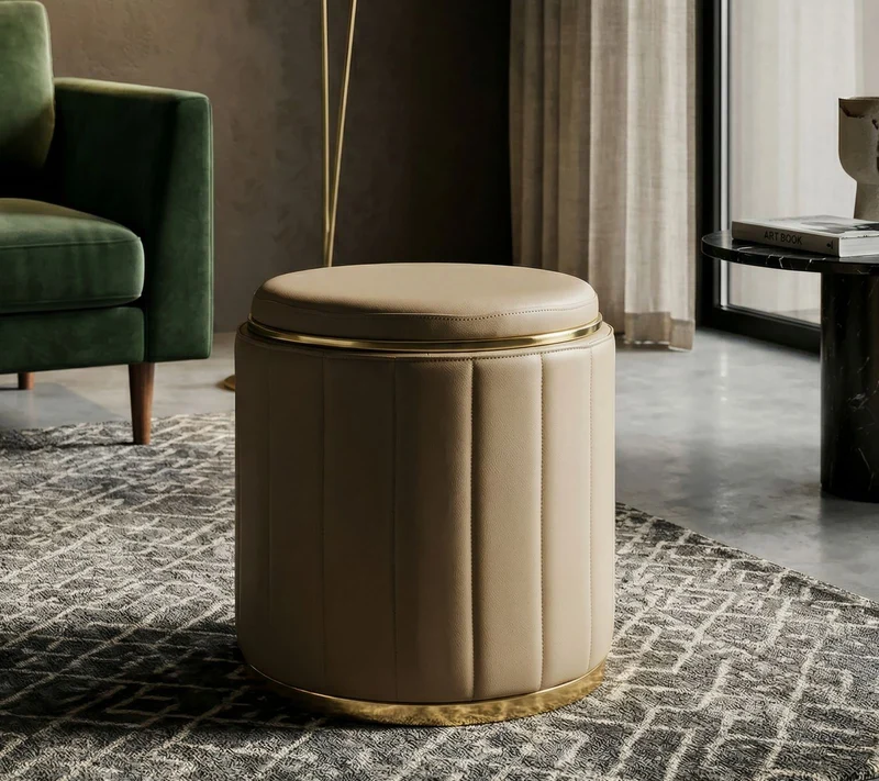 Puff con Contenitore London Marrone Ø46,5x44 cm in Pino e MDF e Spugna e Metallo e PU