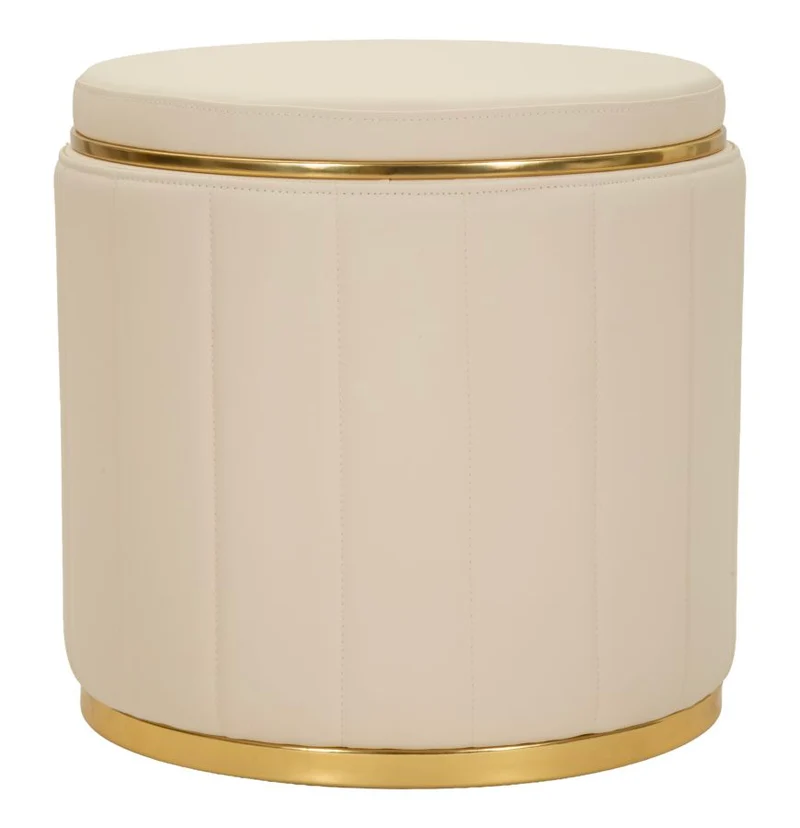 Puff con Contenitore London Crema Ø46,5x44 cm in Pino e MDF e Spugna e Metallo e PU