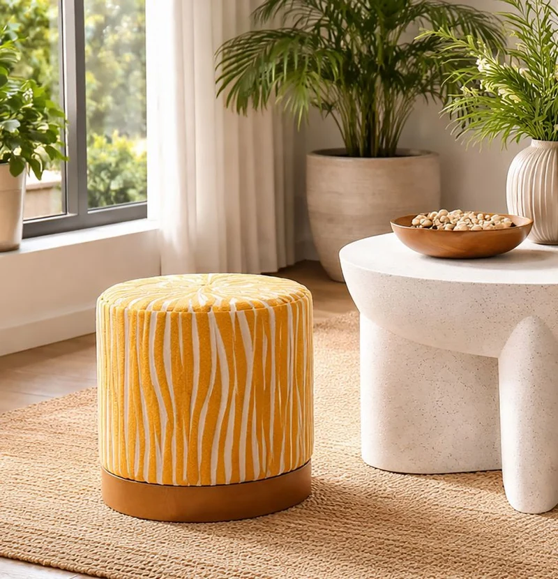 Puff Savana Senape Ø40x40 cm in Compensato e Spugna e Poliestere Senape e Marrone