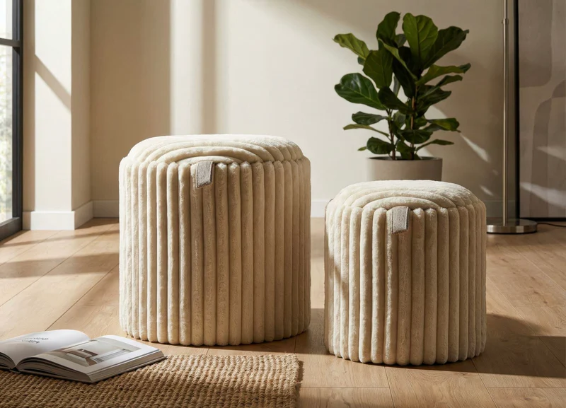 Puff Goteborg Coppia Ø40x42 cm in MDF e Spugna e Poliestere Bianco