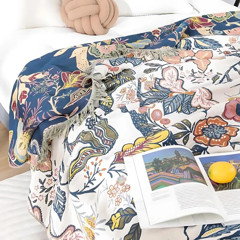Artistic Boho Style Blanket with Floral Pattern