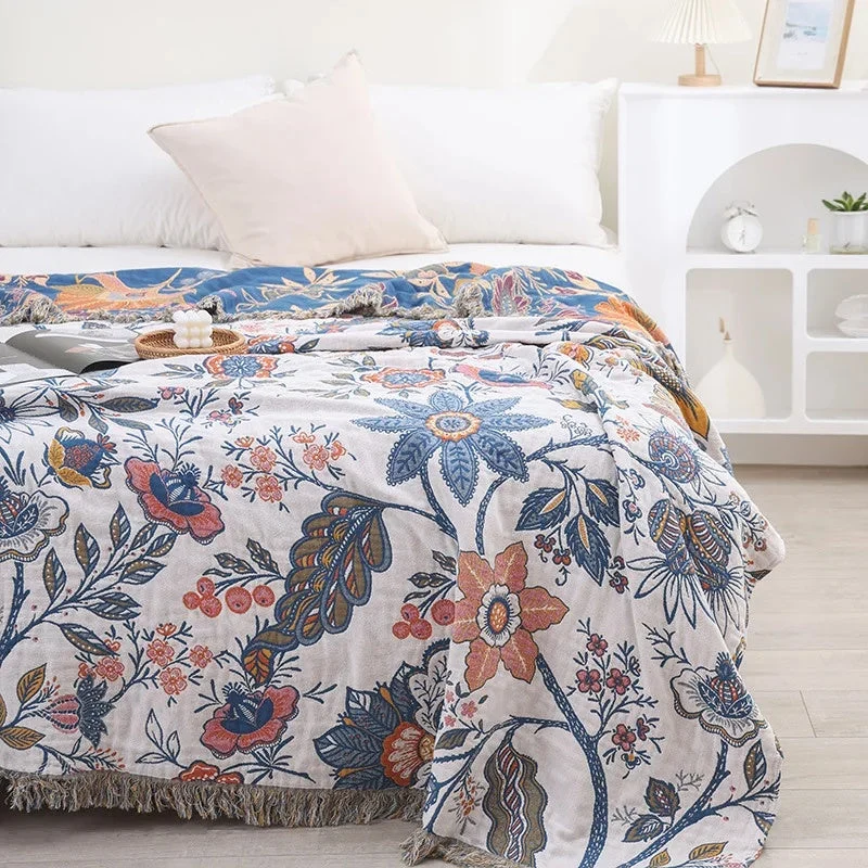 Artistic Boho Style Blanket with Floral Pattern