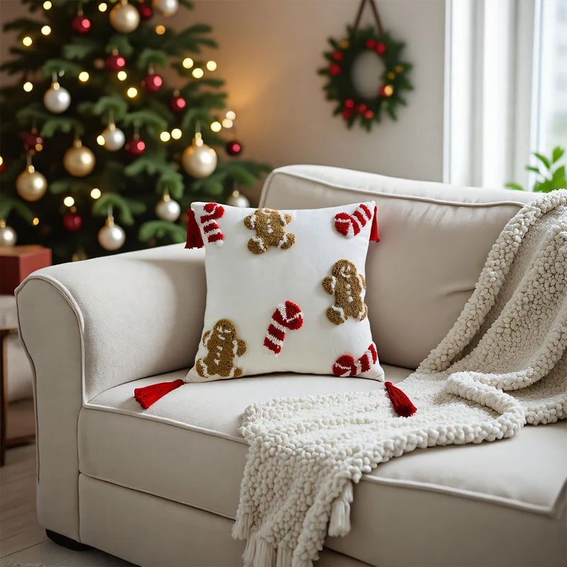Holiday Pillowcase with Embroidered Gingerbread and Candy Cane Pattern