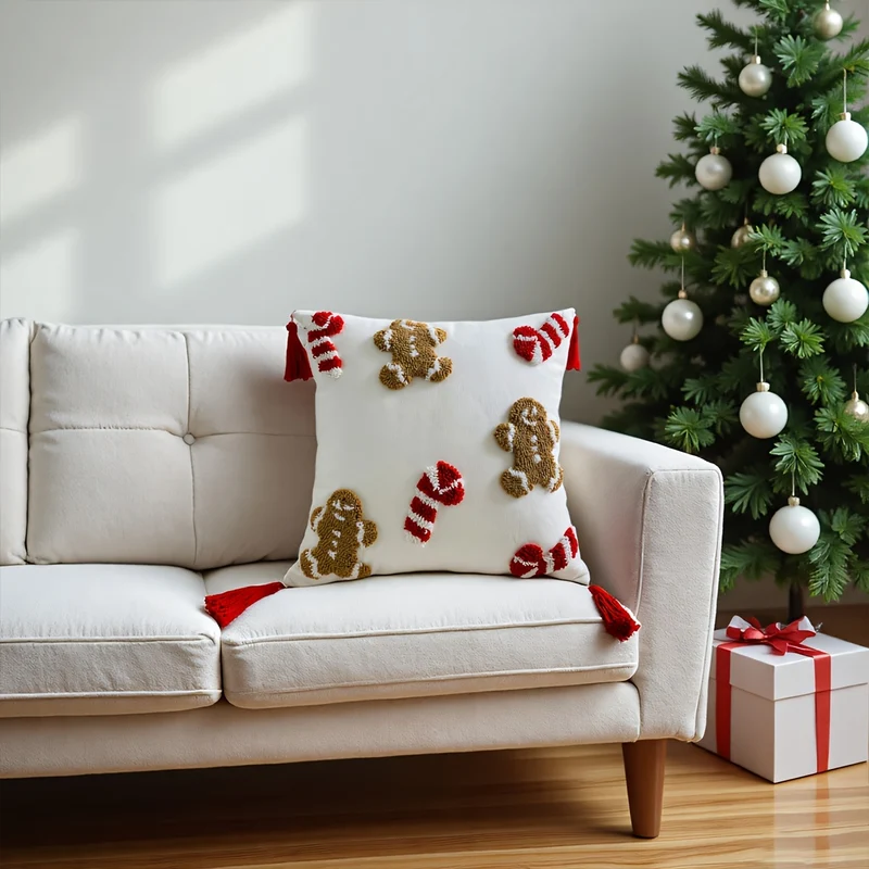 Holiday Pillowcase with Embroidered Gingerbread and Candy Cane Pattern