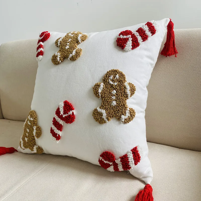 Holiday Pillowcase with Embroidered Gingerbread and Candy Cane Pattern