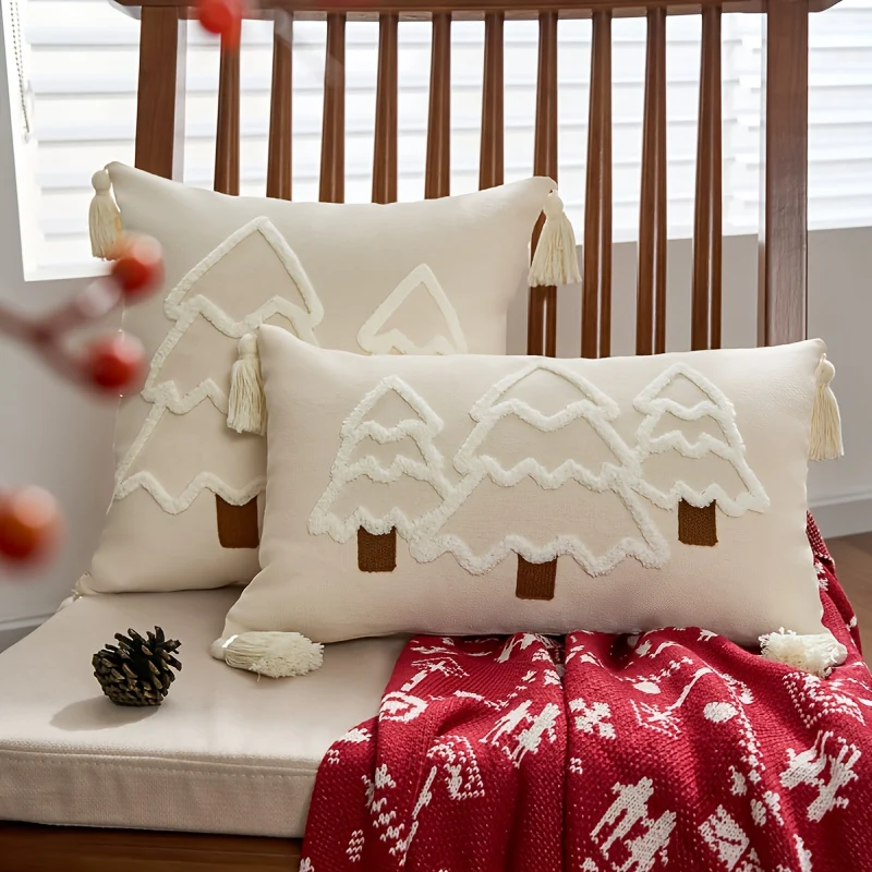 Holiday Pillowcase with Embroidered Christmas Tree Motif and Zipper