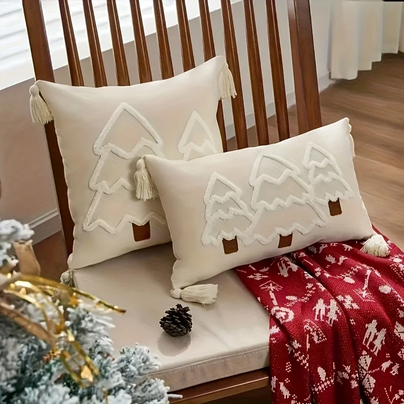 Holiday Pillowcase with Embroidered Christmas Tree Motif and Zipper