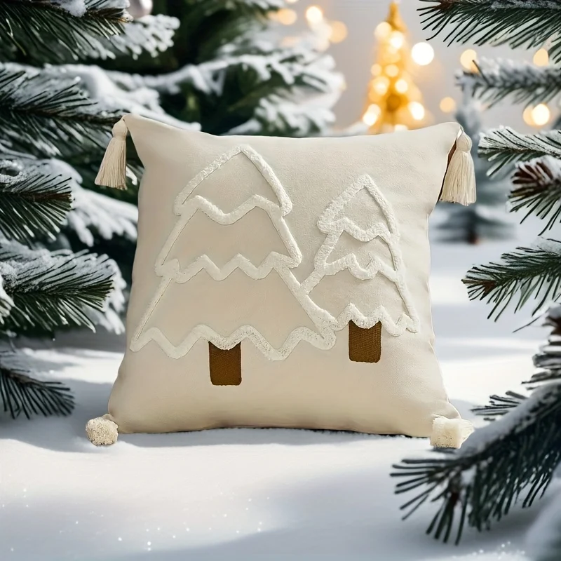 Holiday Pillowcase with Embroidered Christmas Tree Motif and Zipper