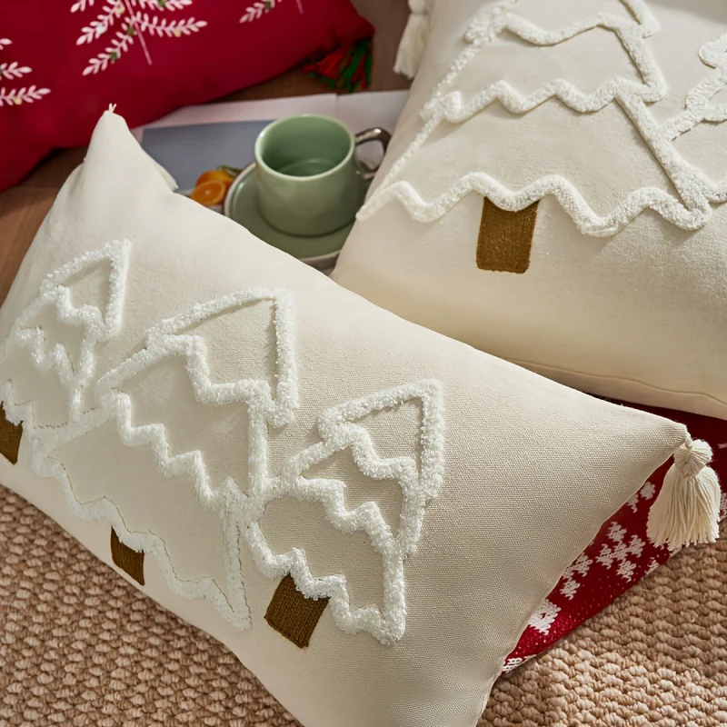 Holiday Pillowcase with Embroidered Christmas Tree Motif and Zipper