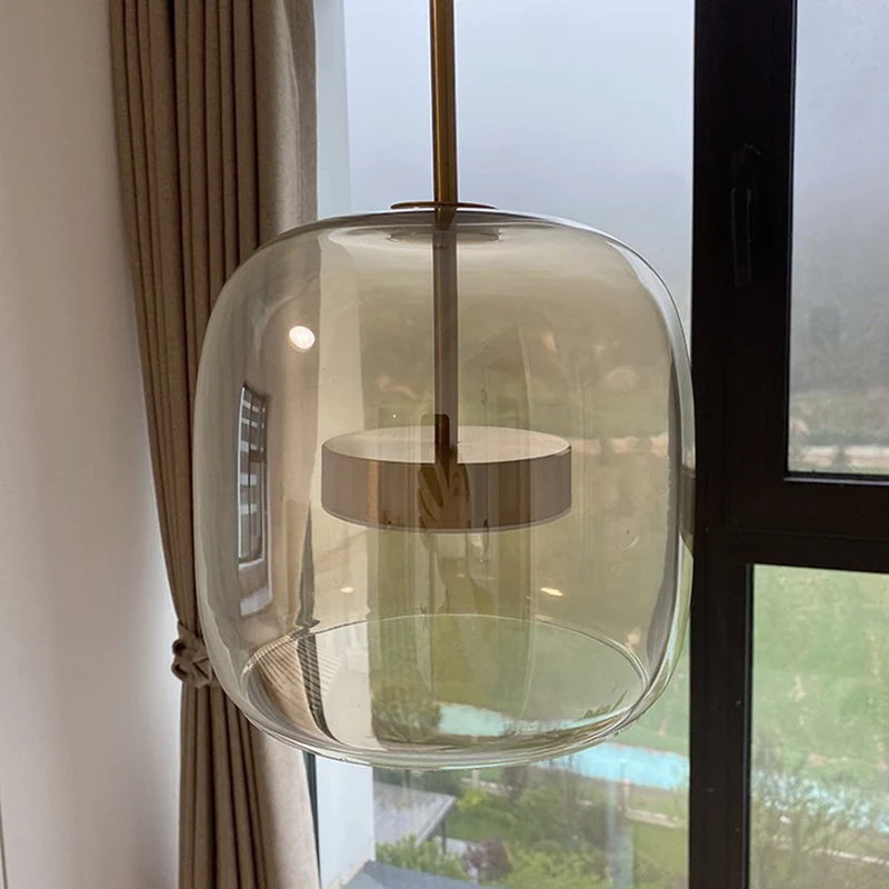 Vintage Amber Pendant Lamp with Gold Details – Warm Light