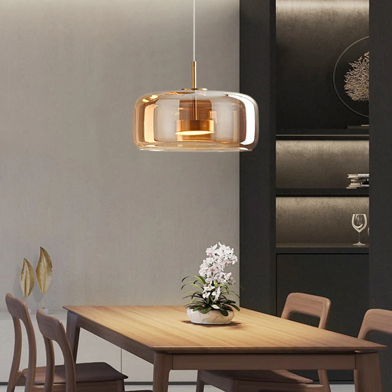 Vintage Amber Pendant Lamp with Gold Details – Warm Light