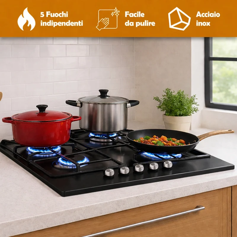 Piano Cottura 5 Fuochi Gas da Incasso 90x55cm in Acciaio Nero e Ghisa per Cucina