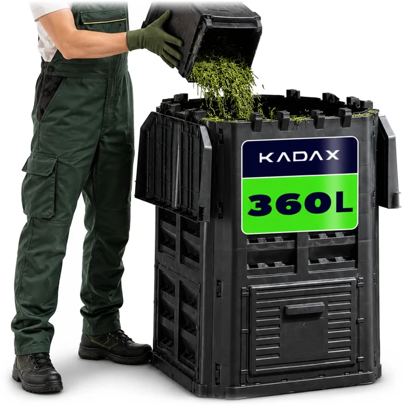 Compostiera modulare da giardino KADAX nera, resistente al gelo, serbatoio per fertilizzanti da 360 litri