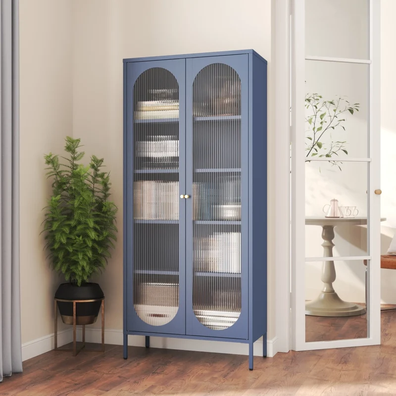 Armadio in metallo e vetro blu-grigio 180 cm YASMINE