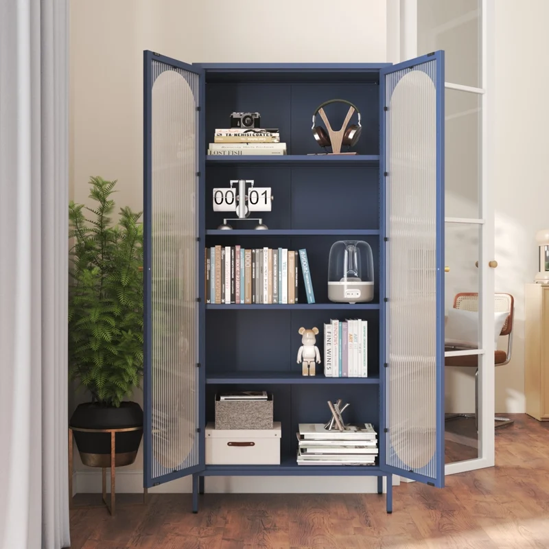 Armadio in metallo e vetro blu-grigio 180 cm YASMINE