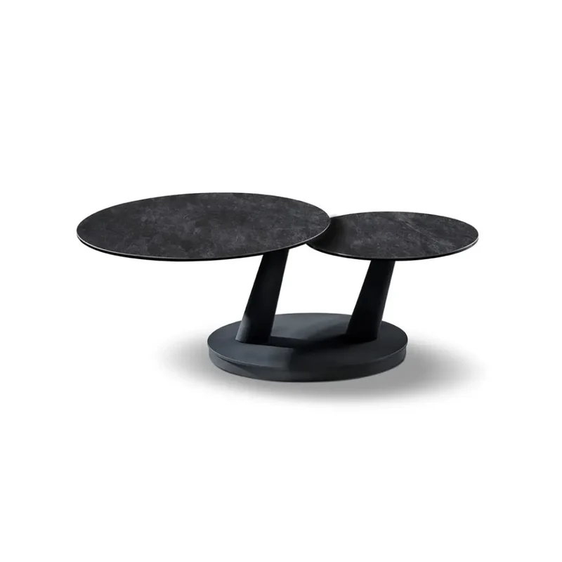 Table bassa VIRELLO – Tavolino rotondo Ø80 cm – Pietra naturale grigio scuro & metallo – Design contemporaneo e robusto