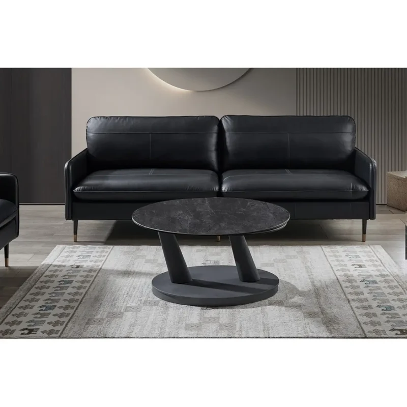 Table bassa VIRELLO – Tavolino rotondo Ø80 cm – Pietra naturale grigio scuro & metallo – Design contemporaneo e robusto