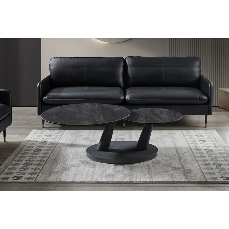 Table bassa VIRELLO – Tavolino rotondo Ø80 cm – Pietra naturale grigio scuro & metallo – Design contemporaneo e robusto