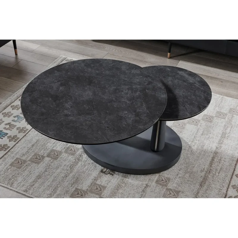 Table bassa VIRELLO – Tavolino rotondo Ø80 cm – Pietra naturale grigio scuro & metallo – Design contemporaneo e robusto