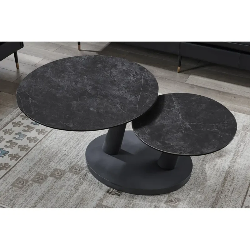 Table bassa VIRELLO – Tavolino rotondo Ø80 cm – Pietra naturale grigio scuro & metallo – Design contemporaneo e robusto